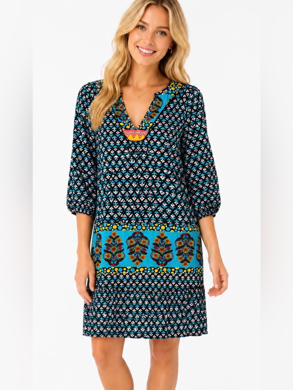 Tolani Silk Turquoise & Black Printed V-Neck Tunic with Yellow Accents